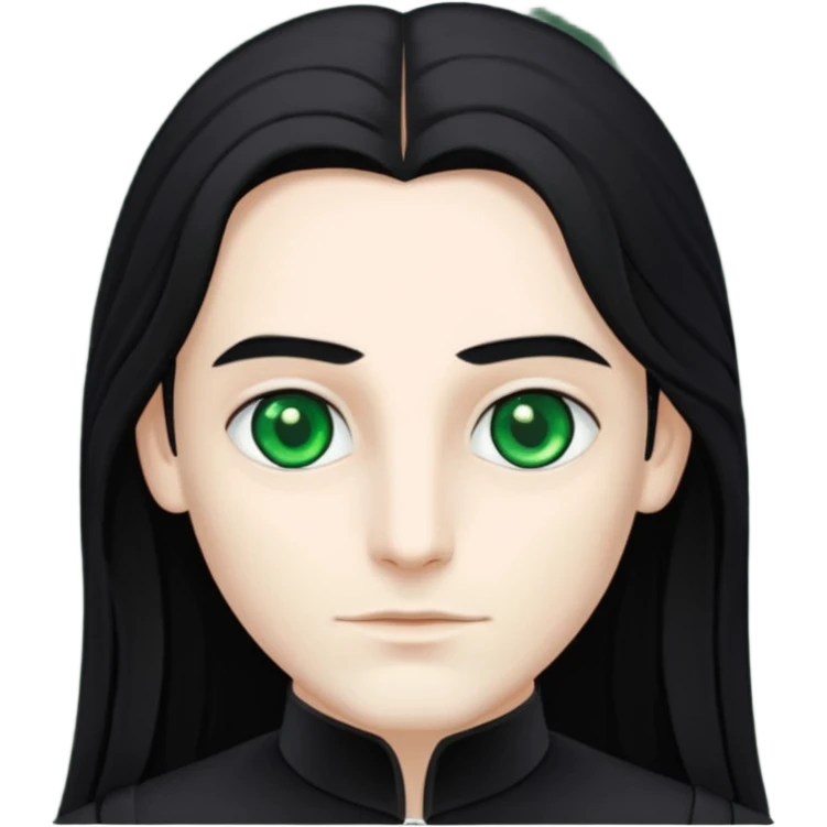 Louis de Pointe du Lac with white skin, green eyes , long black hair, black outfit emoji