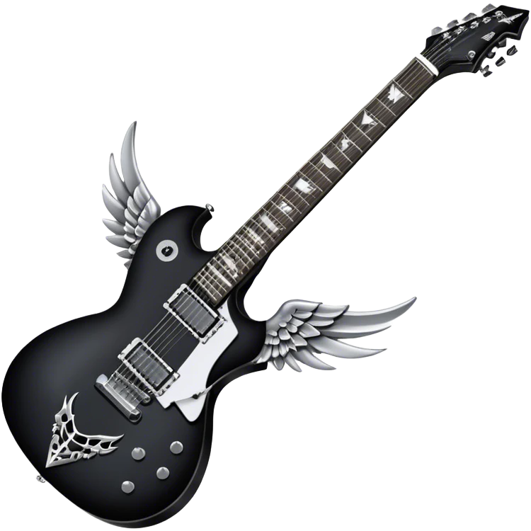 Create a dynamic and bold emoji representing the Dean VMNT AOD electric guitar (V-shaped model) inspired by Dave Mustaine's Angel of Death. The design should feature the sharp, angular 'V' shape of the guitar with a unique, striking graphic, including elements like dark skulls or angel wings to reflect the album's themes. Use bold colors like black with silver or gold accents, and add metallic details like chrome tuning pegs and pickups. The guitar should have a powerful, rebellious look, reflecting the heavy metal vibe. The background should be transparent. emoji