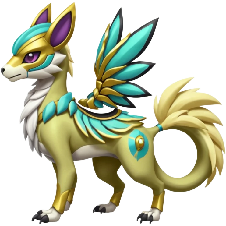 Colorful masked armored leathery scaly furry Futuristic Meloetta-Manectric-Solgaleo-Raikou-Pokémon-Digimon-Fakémon-fusion-hybrid-creature, full body emoji