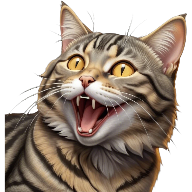 Cinematic Cute Yawning Grey and Black Brown Tabby Cat Portrait Emoji, Head tilted slightly with a dramatic, wide-open yawn, sleek grey-brown fur with dark black tabby stripes, sparkling amber eyes barely open, Simplified yet irresistibly adorable features, highly detailed, glowing with a soft, cozy glow, high shine, relaxed yet expressive, stylized with a touch of whimsy, bright and endearing, soft glowing outline, capturing the essence of a sleepy yet affectionate kitty, so drowsy it feels like it could stretch right out of the screen and curl up for a nap! emoji