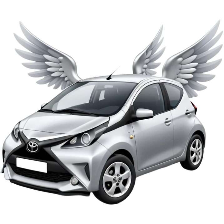 Toyota Aygo silver with wings and a halo emoji