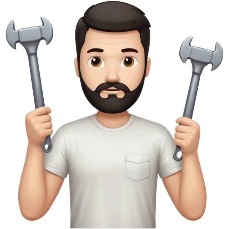  guy who looks very handsome, he has a dark beard, wears a white tee shirt and holds a wrench in one hand and a black hammer in the other hand emoji