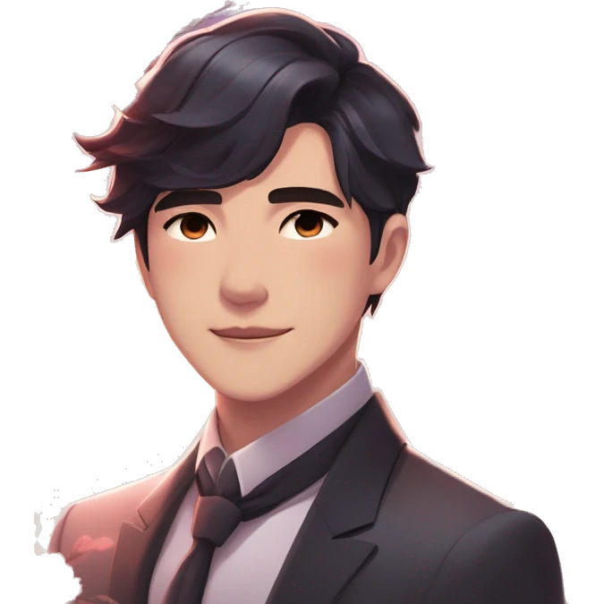 Gorgeous romantic anime style Asian formal modern gentlemanly guy with flowers and blushing face aesthetic trending style outside with colorful gradient colors emoji