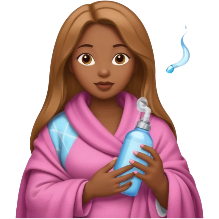 Curvy, light brown long hair, pretty black girl light pink lipgloss wrapped in blanket holding a brown cigarette and water bottle  emoji