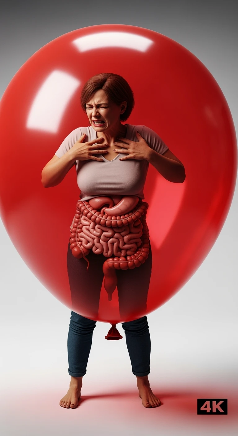 DONNA CON MAL DI PANCIA E INTESTINO CHIUSO IN UN PALLONCINO ROSSO, ESPRESSIONE DI DOLORE IN VOLTO, IPERREALISTICA 4K emoji