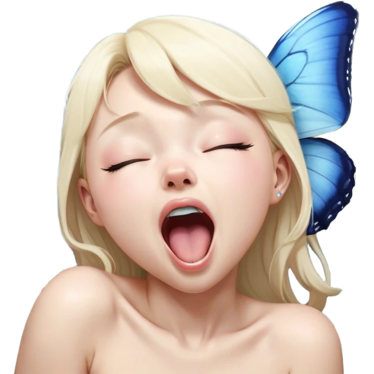 Cinematic Realistic Cute Yawning Blue Butterfly Portrait Emoji, Head tilted slightly with a dramatic, wide-open yawn, showcasing soft, downy sapphire wings with delicate, natural droop and half-closed, drowsy eyes rendered in exquisite detail, high shine, relaxed yet expressive, styled with a dash of subtle garden charm, soft glowing outline, capturing the essence of a sleepy yet affectionate blue butterfly that appears ready to rest its wings in quiet, enchanted slumber! emoji