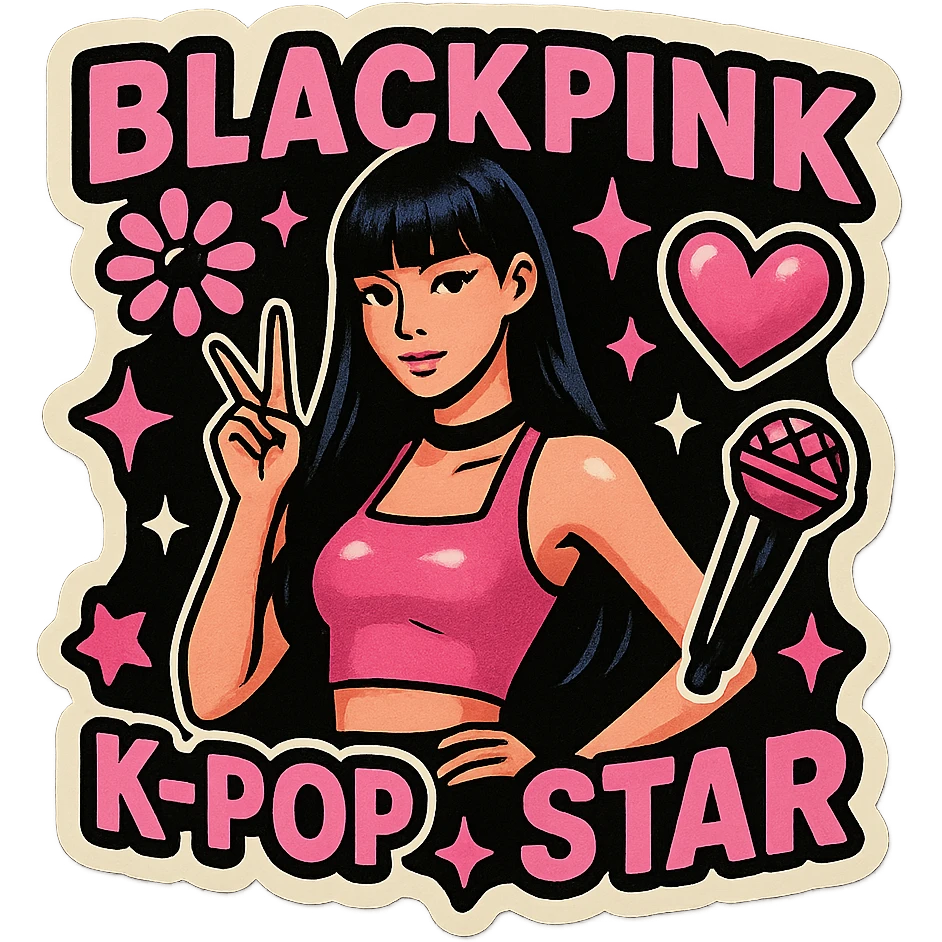 retro sticker style album cover inspired by BLACKPINK, featuring bold black and pink colors, playful graphics, bold outlines, and a K-pop pop star vibe emoji