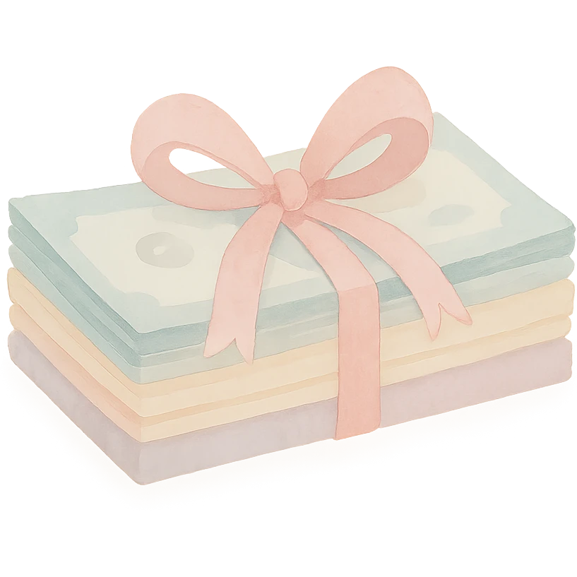 a stack of money in pastel colors, tied with a pastel pink bow, soft and cute emoji