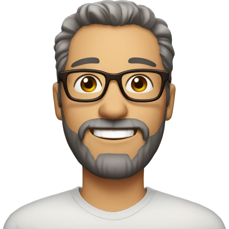 Man aged 40. Short stripped hair and short brown beard, big brown eyes, gray opthical glasses, big smile emoji