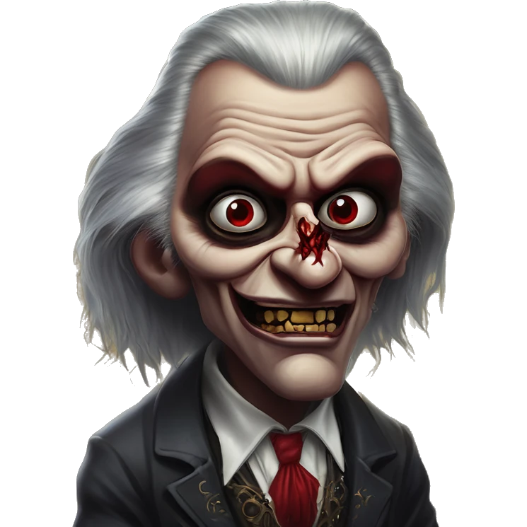 Devious Lordi vampire in Uncle Scrooge style, oil paint, mysterious eyes, intricate lips, masterpiece pose, odd perspective, beautiful, desirable, logical emoji