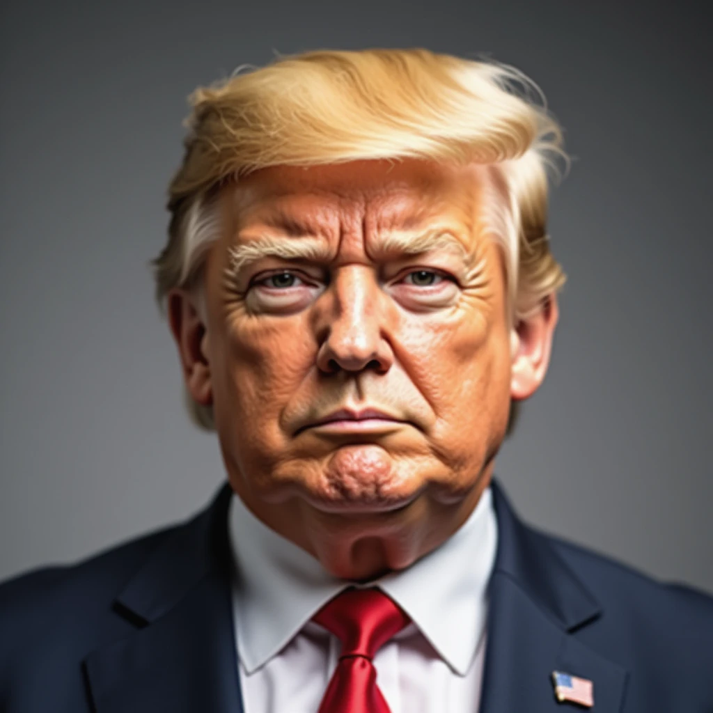 Donald Trump, hyper-photorealistic, maximum realism and detail, looks exactly like a real high-resolution photo, natural skin and facial features, signature hair, very foxy and cunning expression, plain background, minimal emoji influence, polished finish emoji