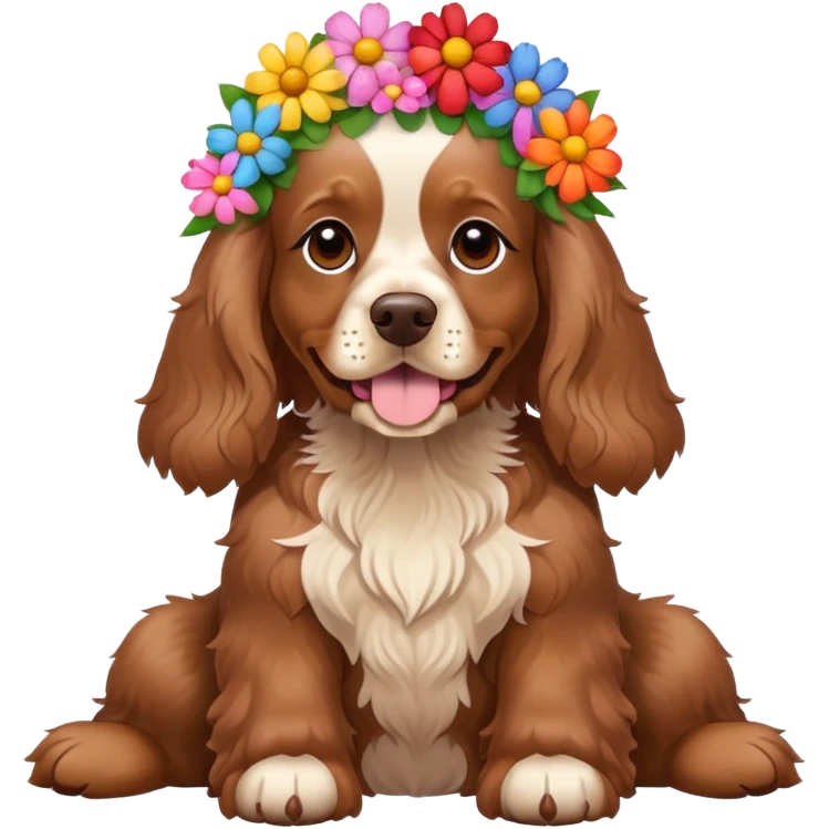 Full body shot of a brown cocker spaniel sitting happily with lots of flowers on his head emoji