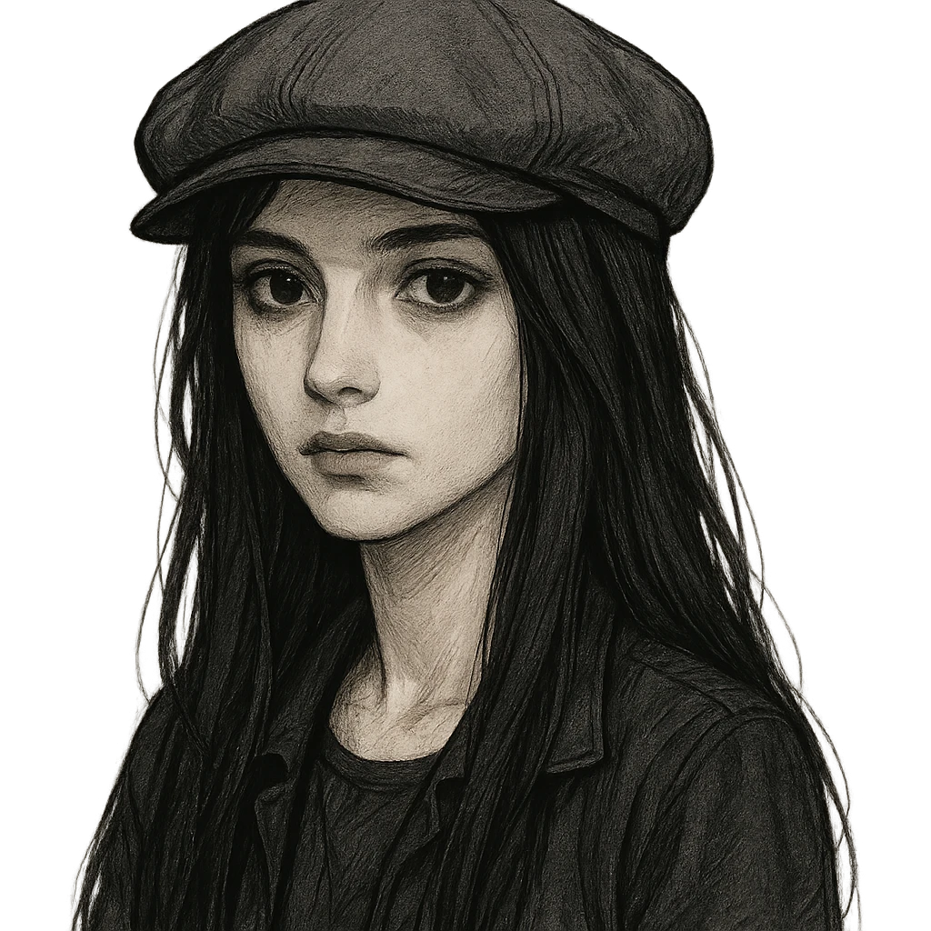 pale girl with long black hair wearing a driving cap, detailed character portrait emoji