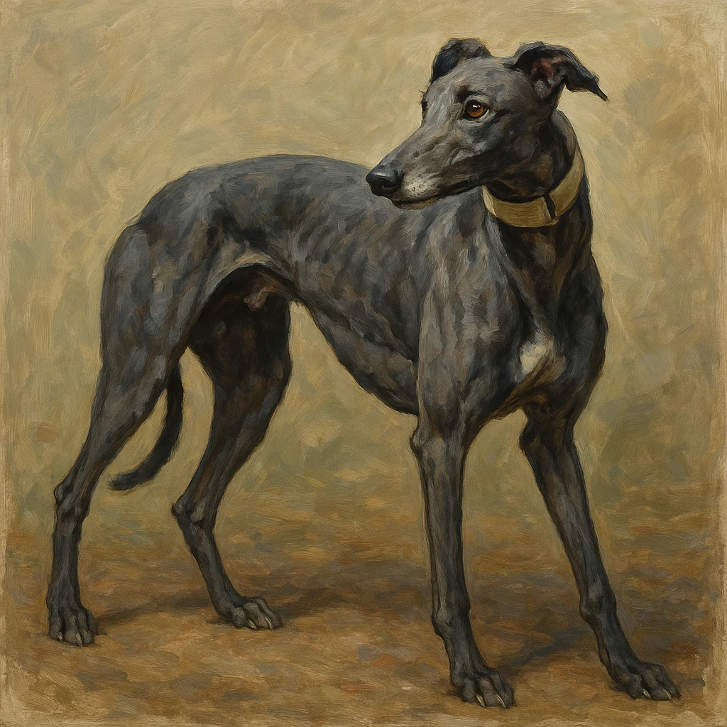 grey greyhound, full body, looking to the side, racing dog, detailed painterly style emoji