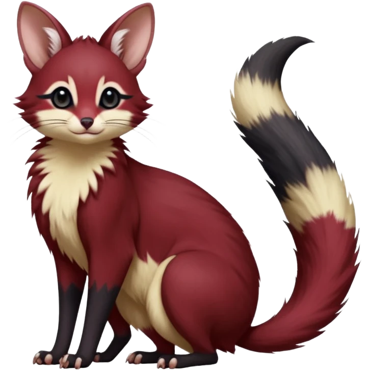Wine-Red, black-pointed, soft natural realistic romantic vintage antique divine beautiful elegant pretty precious cute young youthful  Fakémon-Pokémon-opossum-feline-mouse-serval-caracal-chinchilla-Minccino-Cinccino-Meowstic-rodent-hybrid-creature with a big fluffy bushy tail (full body) emoji