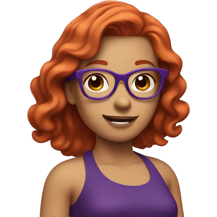 Redheaded girl with glasses and a purple halter top waving emoji