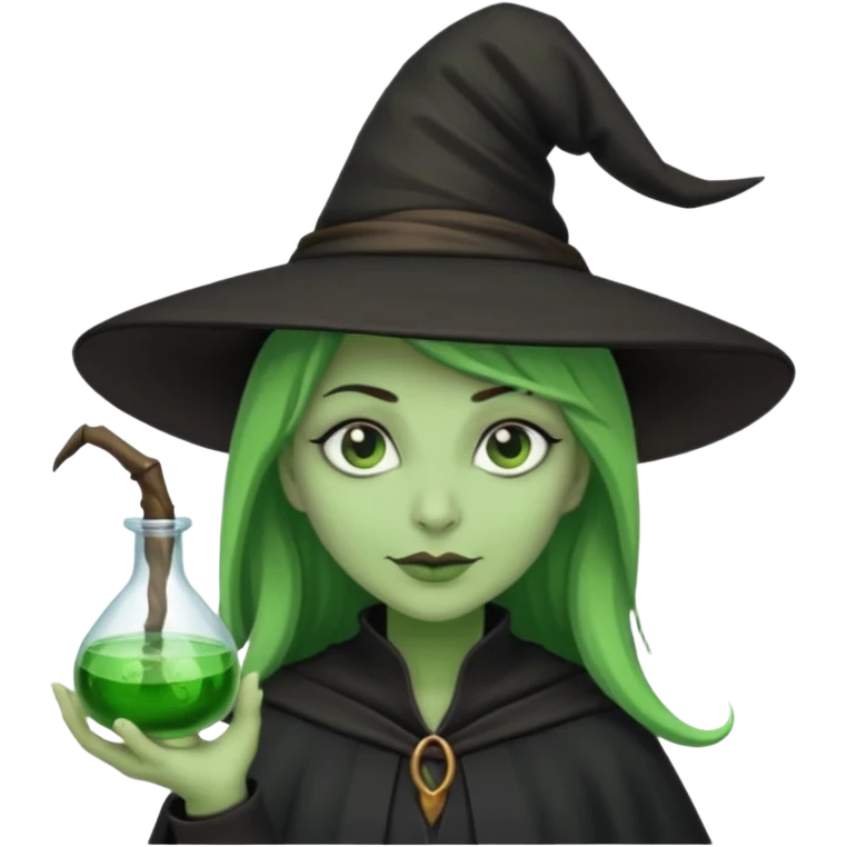 Witch with Green Skin – long-nosed witch in black hat holding potion emoji
