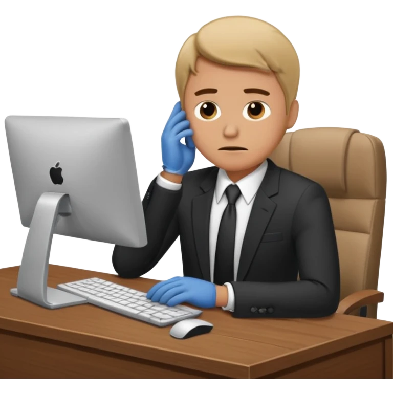 A man in corporate attire sitting at a desk, looking stressed while working on a computer emoji