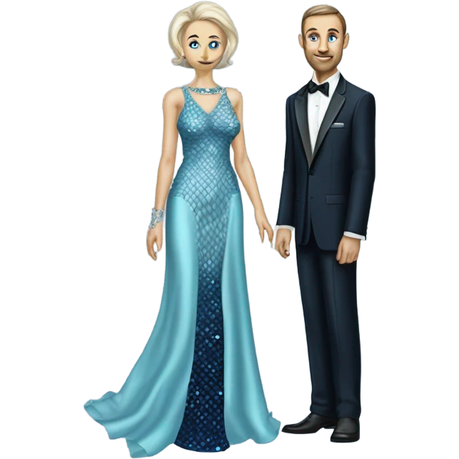 reptilian alien woman, in long slim pastel blue formal party satin dress with gradient shiny sparkling navy blue diamonds embroidered , and caucasian man in black dress emoji