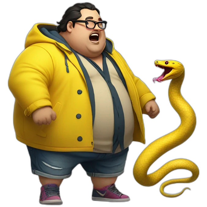 fat man with dark hair,a vibrant long yellow coat, pink glasses, short jeans shorts. Show full lenght peson, person fighting a snake monster emoji