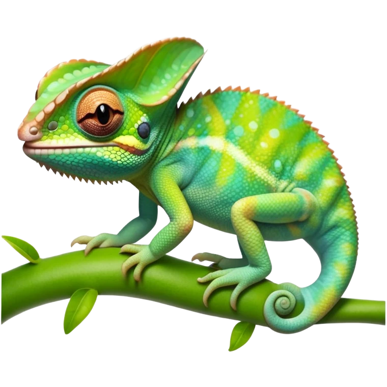 cinematic cute-smiling baby chameleon-realistic emoji,-blending-with-vibrant-greenery.-detailed-scales-in-shifting-colors,-showing-the-chameleon’s-ability-to-camouflage.-soft-natural-light-highlights-its-texture.-light-background, zoomed into its face emoji