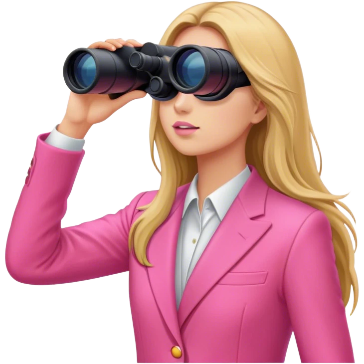 woman with long hair in an intensive color pink suit looking through binoculars emoji
