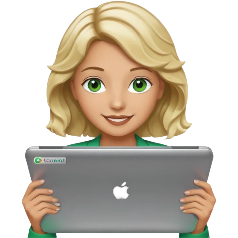 short wavy blonde hair tan skin teacher green eyes woman happy holding chromebook emoji