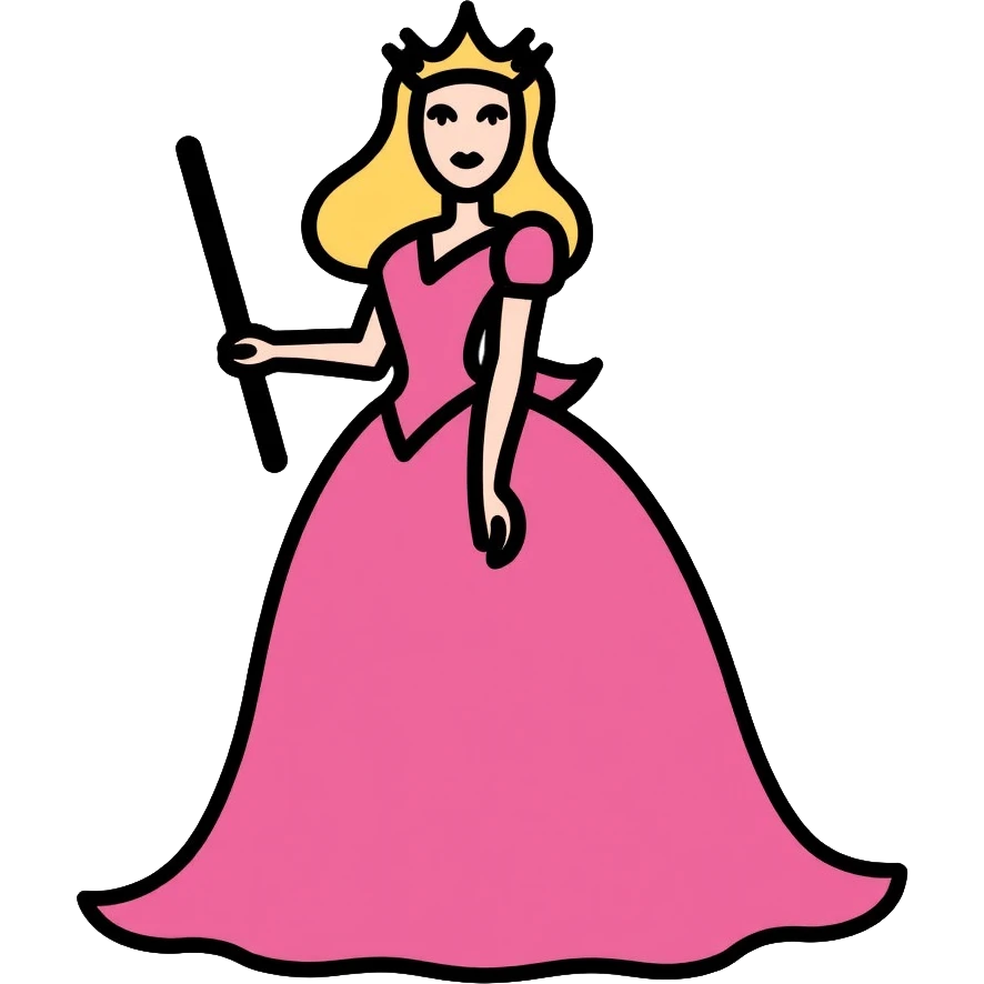 Glinda from Wicked musical, blonde witch with tiara, pink dress and magic wand emoji