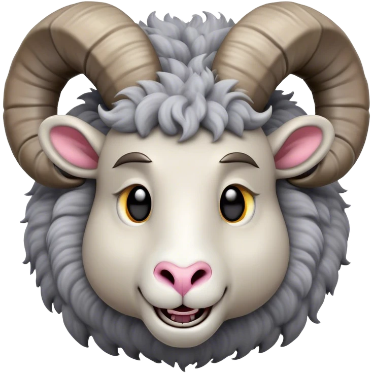 Cinematic Comical Ram Portrait Emoji, Head tilted dramatically with an exaggeratedly amused expression, featuring a striking woolly grey fur with impressively curled horns, wide, expressive dark eyes filled with playful disbelief, Simplified yet hilariously expressive features, highly detailed, glowing with a slightly sassy glow, high shine, dramatic yet playful, stylized with an air of cheeky mischief, bright and endearing, soft glowing outline, capturing the essence of a spirited and over-the-top ram, so meme-worthy it feels like it could butt its way into internet fame instantly! emoji