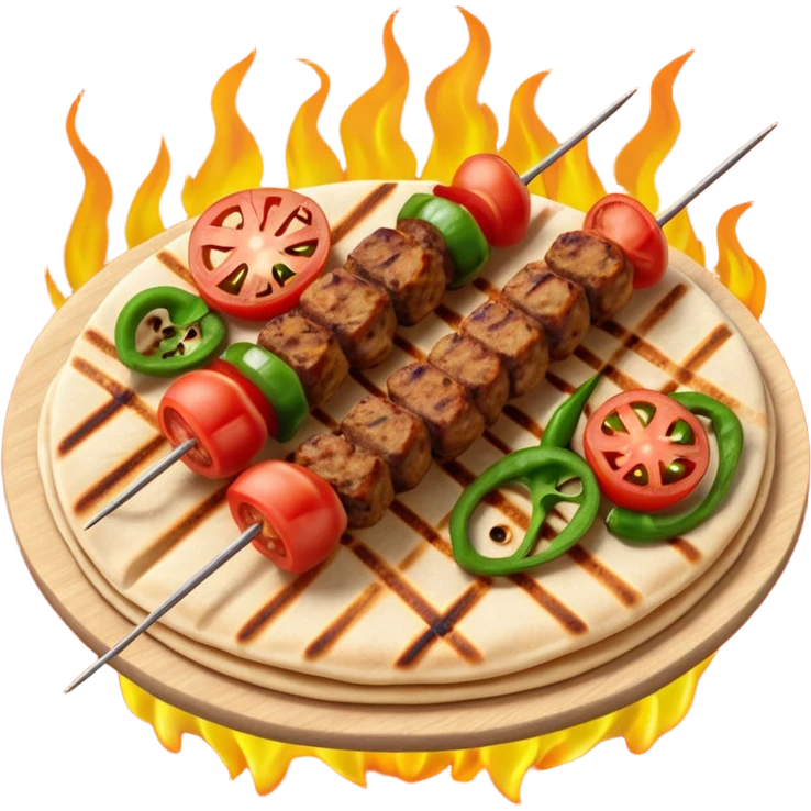 Adana kebab object icon, spicy grilled minced meat skewer, served on flatbread, grilled tomatoes and green peppers on the side, smoky char marks, juicy texture, 3D cartoon, mobile game icon style, centered, clean background, no text, no watermark
 emoji
