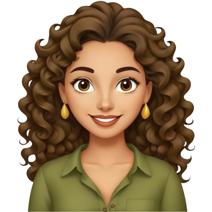 Mujer latina piel canela, cara en forma de pera, cejas definidas, pelo muy largo rizado, peinado hacia atrás con bucles sueltos al frente. Sonrisa amplia, expresión alegre. Blusa verde olivo emoji