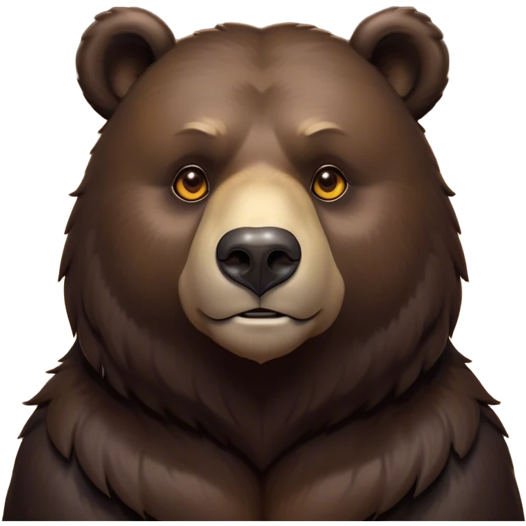Cinematic Noble Bear Portrait Emoji, Poised and regal, with a large, imposing build and a thick, well-groomed rich dark brown fur, deep-set soulful eyes, Simplified yet sharp and sophisticated features, highly detailed, glowing with a soft, dignified glow, high shine, intelligent and formidable, stylized with an air of wild majesty, focused and attentive, soft glowing outline, capturing the essence of a watchful and commanding guardian, so majestic it feels as though it could lumber out of the screen with effortless authority! emoji