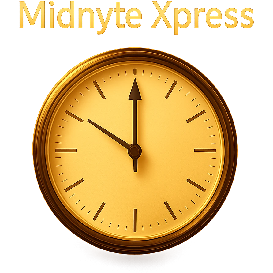 Add a glowing effect around the clock and the text 'Midnyte Xpress', keeping the realistic look and transparent background. Maintain the realistic style and enhance the glow effect around both the clock and the text for emphasis. emoji