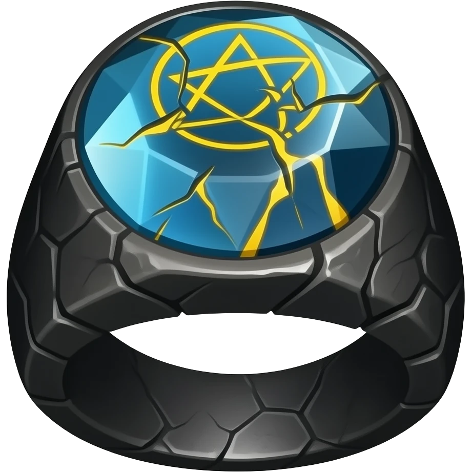 A black ring with with a large gem that's blue with a crack in it that glows yellow that has a pentacle carved into the gem emoji