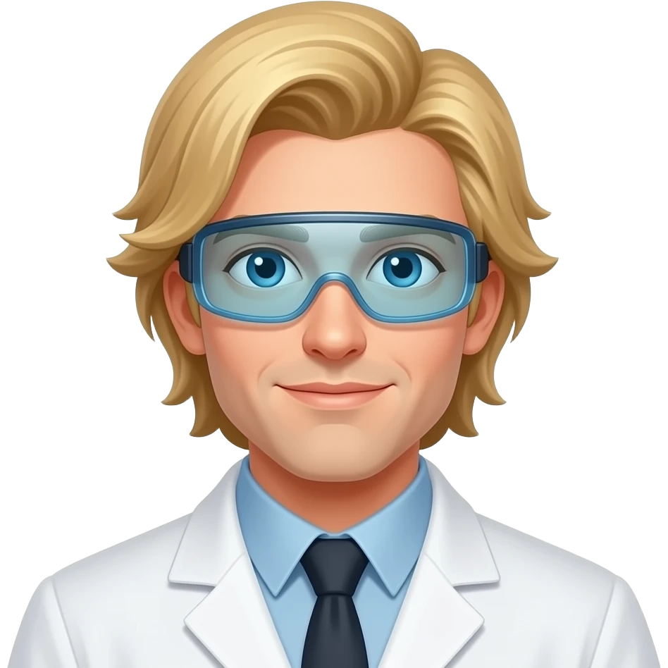 clean shaven blonde male scientist with hair to his waist and stuff on his face emoji