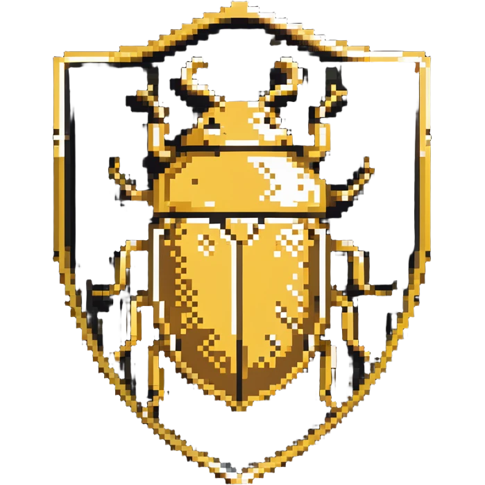 A gold shield-shaped badge with a beetle silhouette like Discord's bug hunter badge emoji