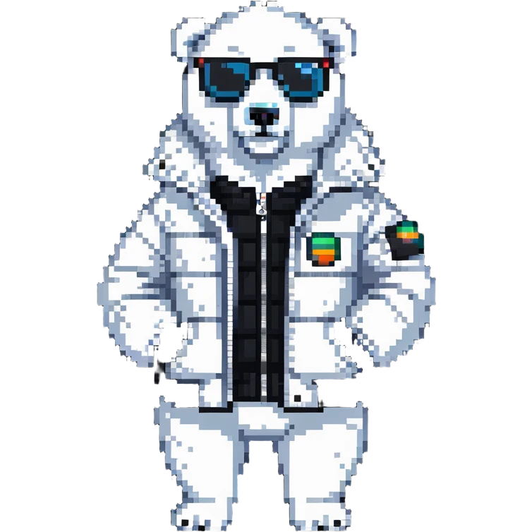 polar bear wearing a white puffer jacket and sunglasses  emoji