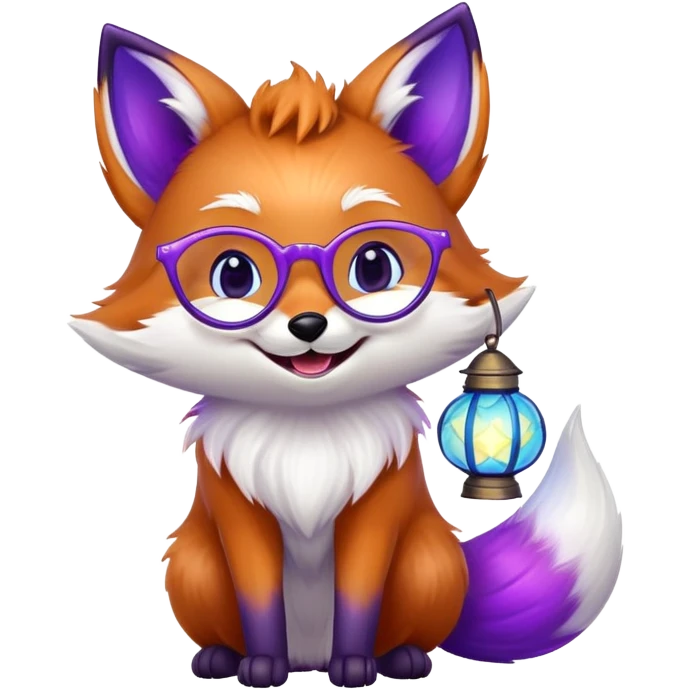 small magical fox with purple and blue fur, glowing fluffy tail, silver star on forehead, round glasses, tiny lantern, laughing with joy emoji