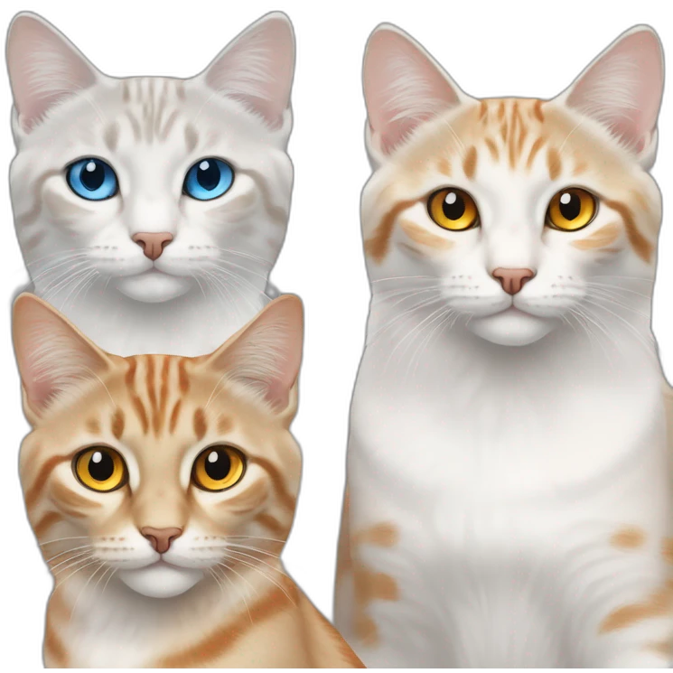 three cats, 1 lynx point blue eyes, 2 orange and white yellow eyes, 3 all orange orange eyes emoji
