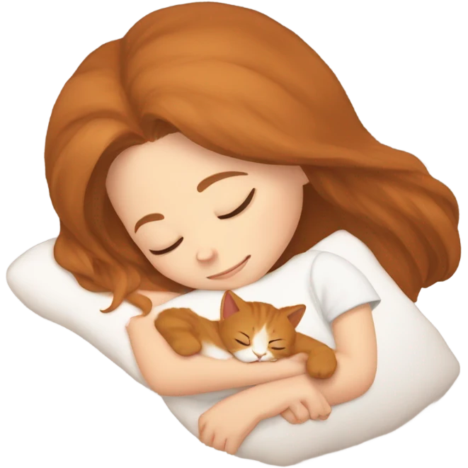 white girl brown hair sleeping with orange kitty emoji