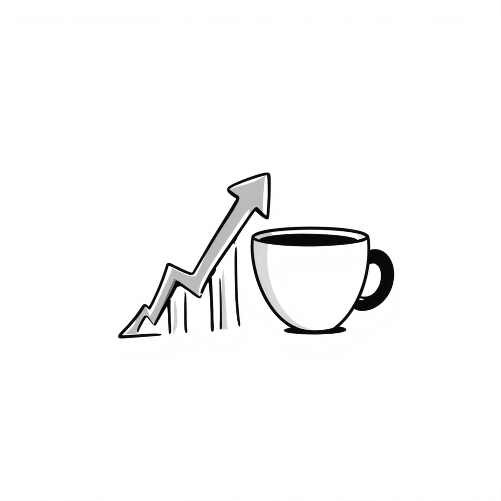 a doodle of a coffee cup next to a bullish stock graph emoji