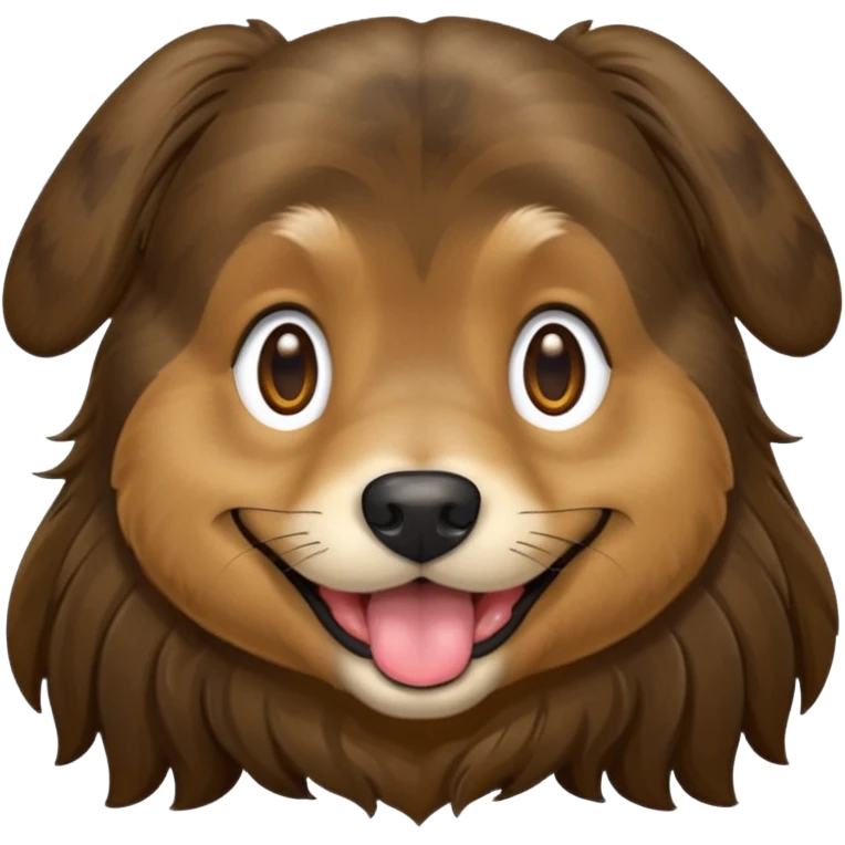 dog face with a long-haired brown and black brindle coat and light brownish gold eyes smiling with tongue hanging slightly out. emoji
