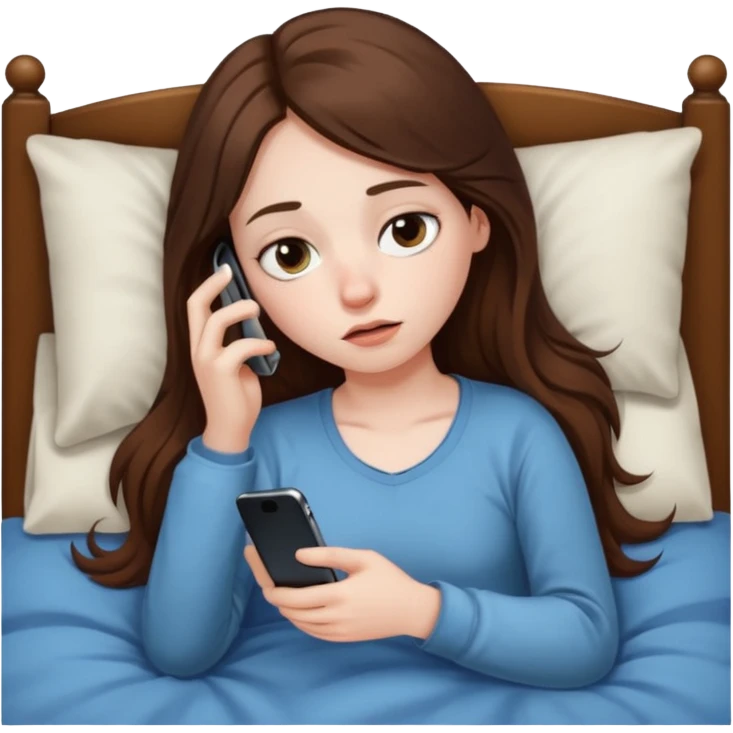 A girl lying in bed, staying up late playing on her phone. She looks exhausted, with dark circles under her eyes and appears very tired emoji
