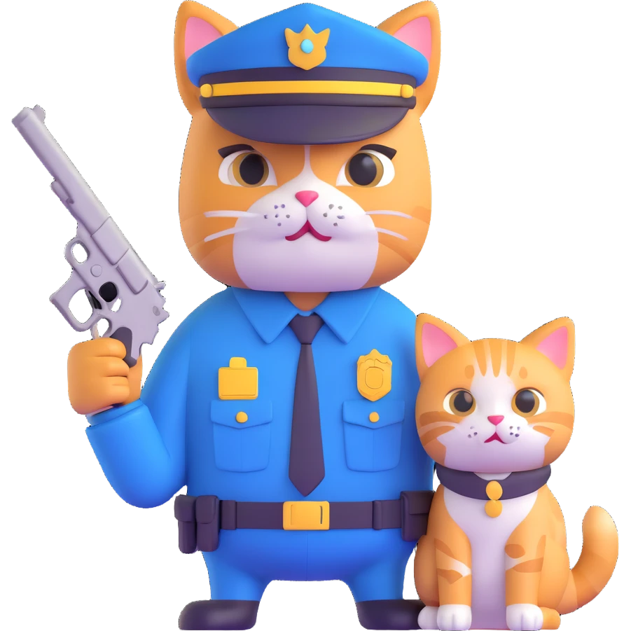 a police officer and a cat, the cat holding a small gun, both looking surprised emoji
