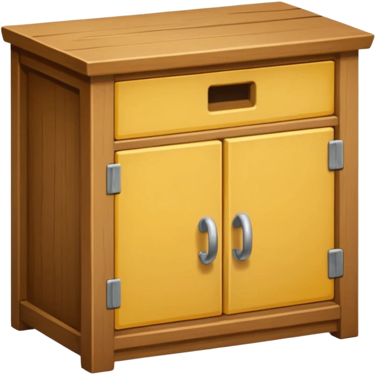 Compact emoji-style icon showing a small wooden cabinet with one door slightly open, a hammer resting beside it, and a plank of wood leaning in the background. Light brown wood tones, silver hammer head, yellow handle. Soft shadows, clean glossy look.  emoji