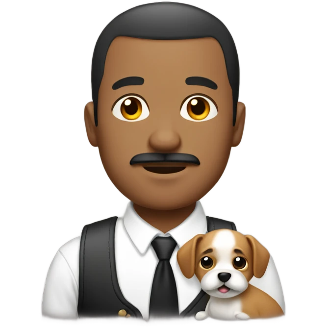 Man with buzz cut and mustache holding a shitzu emoji