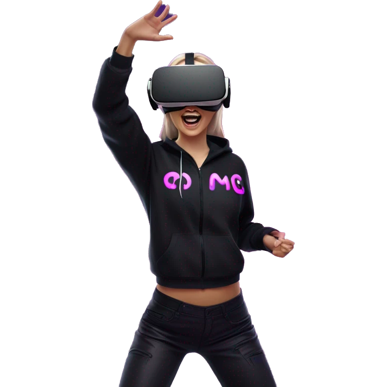 Russian girl wearing black hoody with violet letters "OMG", in vr headset oculus quest2. Dancing. Cyberpunk style. Violet neon. emoji
