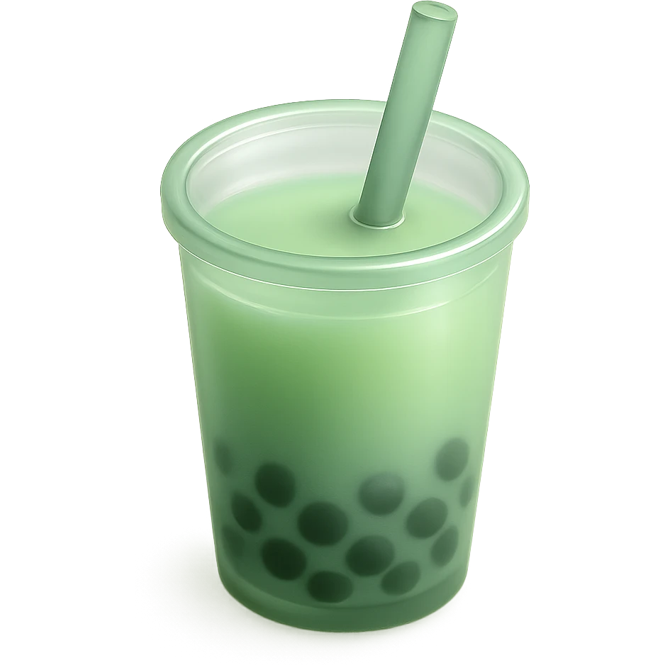 hand-drawn volumetric bubble tea cup with a straw, mostly green, three-quarter angle, sketchy illustrated, expressive 3D shadows and highlights emoji