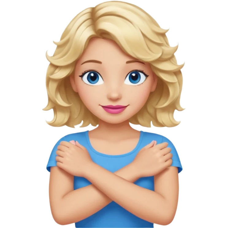 Girl Blonde short wavy hair,  blue eyes, cute blue top, long lashes, pink lips, smiling, making cross arms with arms  emoji