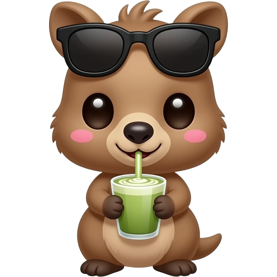 Cute quokka drinking a matcha latte with her little to hands. Show only the upper bodies of quokka, without legs. On her head, there are black sunglasses. Make sure that sunglasses are not on her eyes but on her hair. Her eyes are big and cute. She has a pink cheek. emoji